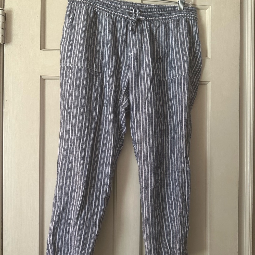 Old Navy Blue & White Striped Linen-Blend Drawstring Pants Women’s Size M - Picture 2 of 4